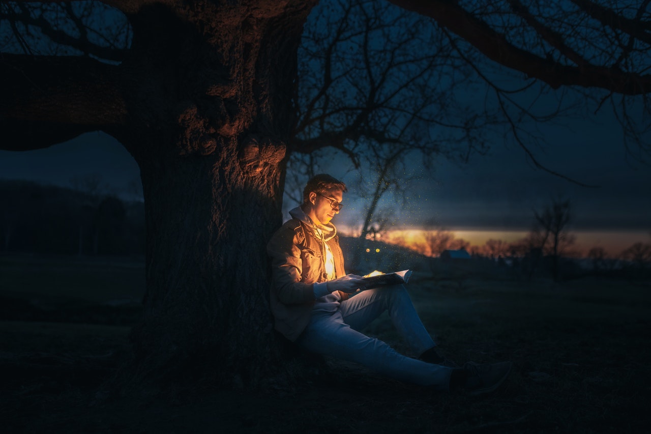 Photo by Josh Hild: https://www.pexels.com/photo/man-sitting-under-a-tree-reading-a-book-during-night-time-4256852/